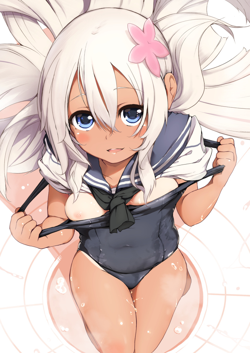 1girl black_neckerchief blonde_hair blue_eyes blue_sailor_collar blue_swimsuit crop_top flower from_above hair_flower hair_ornament highres kantai_collection kneeling looking_at_viewer neckerchief nejime one-piece_tan open_mouth ro-500_(kantai_collection) sailor_collar school_swimsuit solo swimsuit swimsuit_pull swimsuit_under_clothes tan tanline