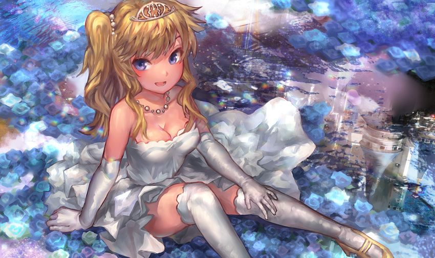 1girl absurdres blonde_hair blush breasts cleavage denchu_(kazudentyu) dress elbow_gloves gloves highres idolmaster idolmaster_cinderella_girls jewelry large_breasts long_hair looking_at_viewer necklace ootsuki_yui open_mouth sitting smile solo thigh-highs tiara violet_eyes wedding_dress white_dress white_gloves white_legwear