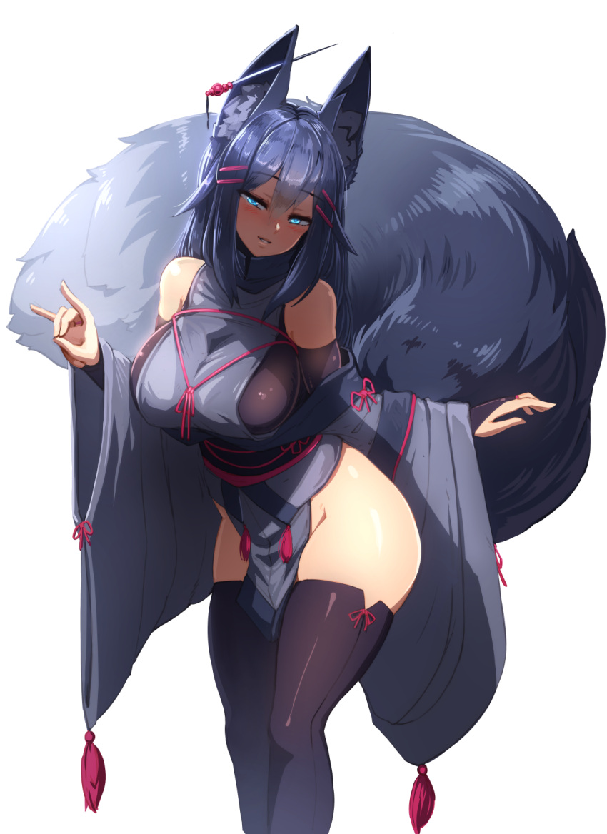 1girl animal_ears aqua_eyes bangs barbariank bare_shoulders black_legwear blue_hair blush borrowed_character breasts eyebrows_visible_through_hair feet_out_of_frame fox_ears fox_girl fox_shadow_puppet fox_tail gloves glowing glowing_eyes hair_between_eyes head_tilt highres japanese_clothes kiri_(sub-res) large_breasts leaning_forward legs_together long_hair long_sleeves looking_at_viewer multicolored multicolored_tail no_panties obi original parted_lips sash shaded_face single_bridal_gauntlet single_glove skindentation smile solo standing tail thick_thighs thigh-highs thighs transparent_background wide_sleeves