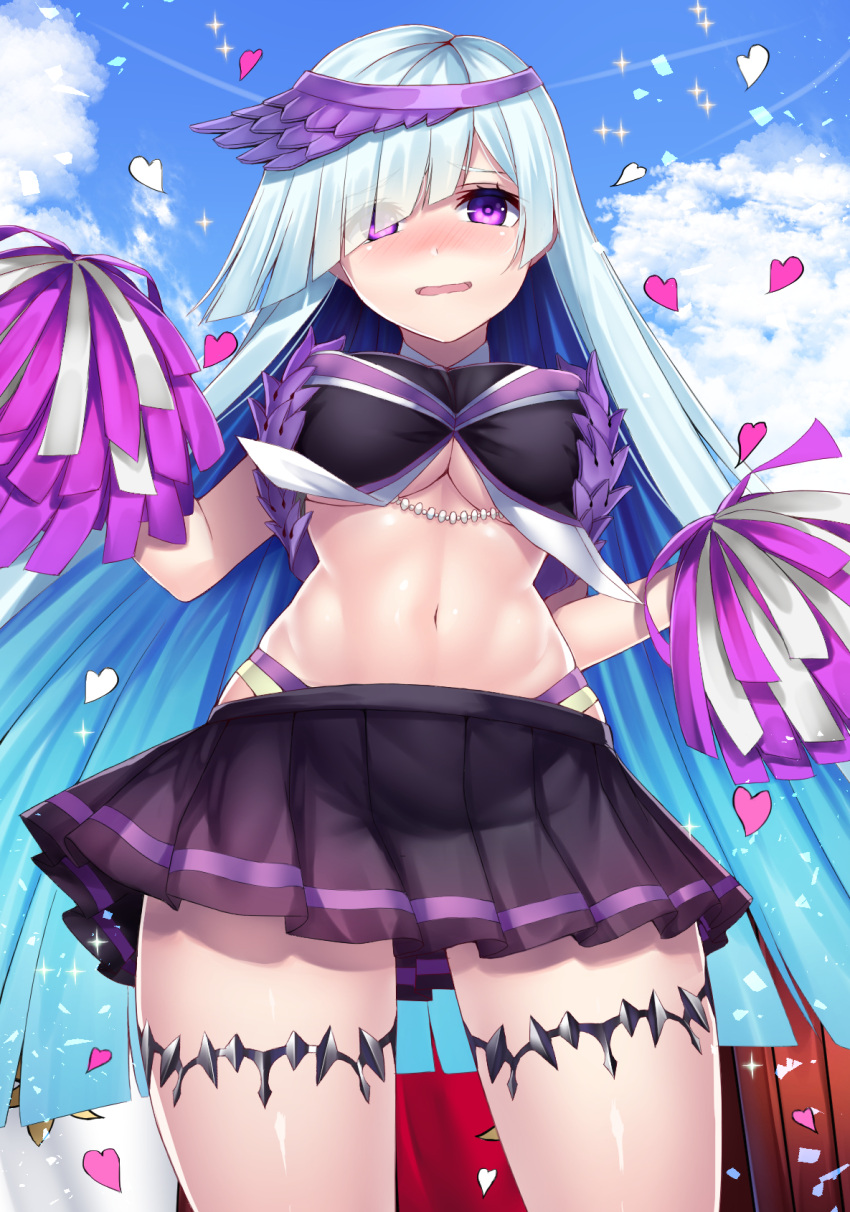 1girl bangs beeyan black_shirt black_skirt blue_hair blue_sky blush breasts cheerleader clouds commentary_request condensation_trail confetti cowboy_shot crop_top day eyebrows_visible_through_hair eyes_visible_through_hair fate/grand_order fate_(series) from_below hair_over_one_eye hands_up heart highres lancer_(fate/prototype_fragments) large_breasts long_hair looking_at_viewer midriff miniskirt navel nose_blush open_mouth outdoors pleated_skirt pom_poms shiny shiny_skin shirt skindentation skirt sky sleeveless sleeveless_shirt solo sparkle standing stomach straight_hair thighlet under_boob very_long_hair violet_eyes visor_cap wavy_mouth