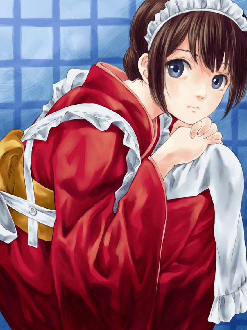 1girl apron blue_background blue_eyes brown_hair checkered checkered_background expressionless eyebrows eyelashes hair_bun hands_on_own_knees hands_together head_on_knees head_rest highres japanese_clothes kimono knees_to_chest looking_at_viewer maid_apron maid_headdress obi original pizza_man red_kimono sash short_hair sitting solo wa_maid