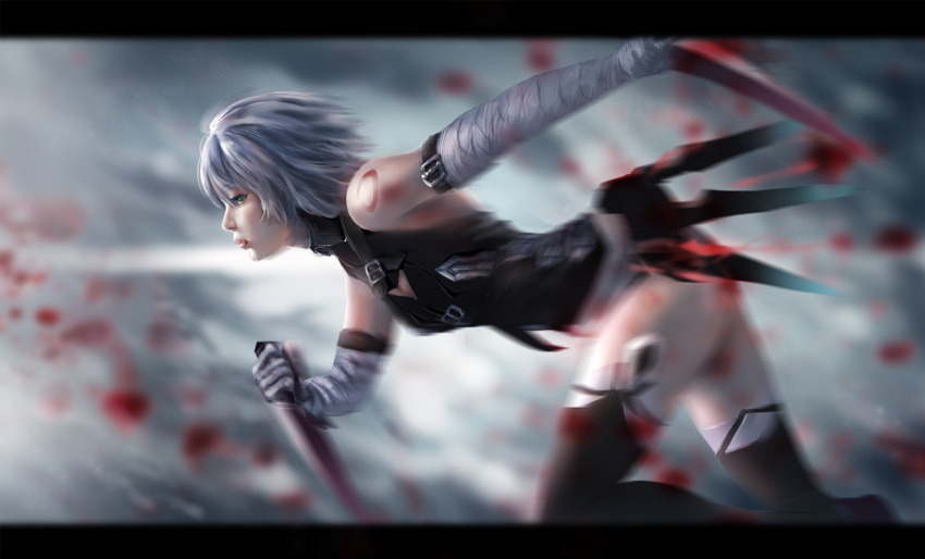 1girl arm_garter arm_wrap assassin assassin_of_black black_legwear blood bloody_weapon blurry blurry_background breasts cleavage_cutout fate/apocrypha fate_(series) from_side green_eyes holding holding_weapon knife leaning_forward leather_suit leotard looking_away motion_blur profile realistic running shenhaixun short_hair silver_hair tattoo thigh-highs thighs weapon