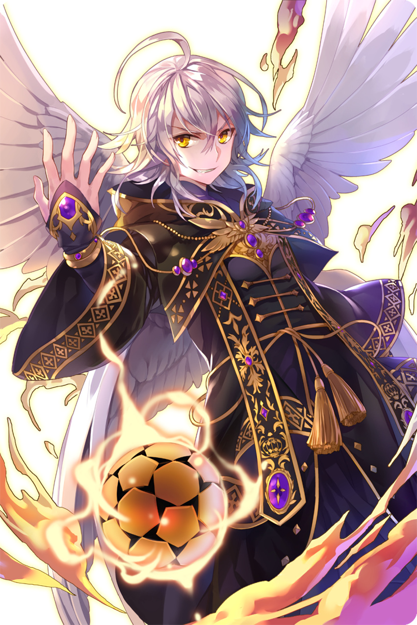 1boy ahoge angel_wings ball crocell_(soccer_spirits) gl_ztoh grin highres hood hood_down silver_hair smile soccer_ball soccer_spirits solo standing tassel wide_sleeves wings yellow_eyes