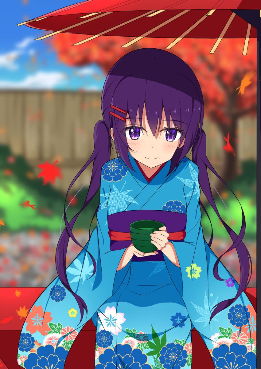 1girl absurdres autumn_leaves bangs bench blue_kimono blue_sky blurry blush breasts closed_mouth commentary_request cowboy_shot cup day depth_of_field eyebrows_visible_through_hair falling_leaves fence floral_print gochuumon_wa_usagi_desu_ka? green_tea hair_between_eyes hair_ornament hairclip highres holding holding_cup japanese_clothes kimono leaf long_hair long_sleeves looking_at_viewer maple_leaf medium_breasts mottsun_(i_40y) oriental_umbrella outdoors print_kimono purple_hair sash sidelocks sitting sky smile solo tea tedeza_rize tree twintails umbrella violet_eyes wide_sleeves