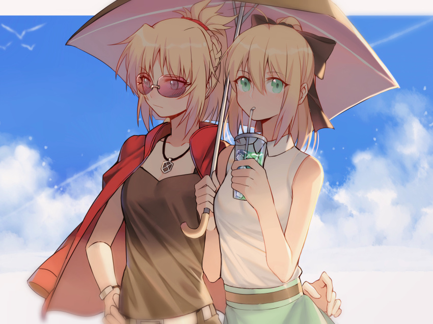 2girls absurdres artoria_pendragon_(all) bangs black_bow blonde_hair blouse blue_eyes bow bracelet braid camisole closed_mouth cup drinking drinking_straw fate/apocrypha fate/stay_night fate_(series) green_eyes green_skirt hair_bow hand_on_hip highres holding holding_cup jacket jacket_on_shoulders jewelry looking_to_the_side multiple_girls open_clothes open_jacket parted_bangs ponytail saber_lily saber_of_red sidelocks skirt sleeveless sunglasses upper_body white_blouse yorukun