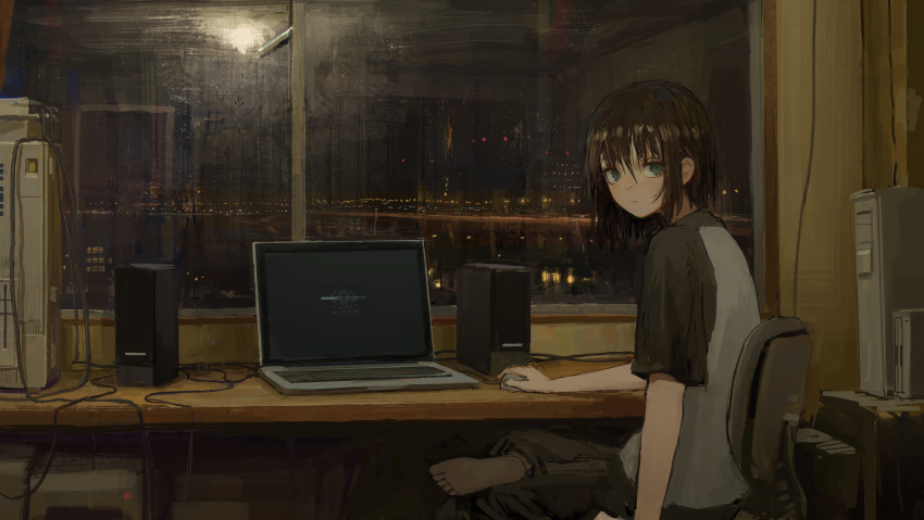1girl absurdres barefoot blue_eyes brown_hair cable cityscape computer computer_mouse computer_tower condensation desk highres indoors lamp laptop legs_crossed light loading_screen looking_at_viewer night on_chair original pants raglan_sleeves reflection revision scenery shion_(mirudakemann) short_hair sitting solo speaker swivel_chair track_pants window