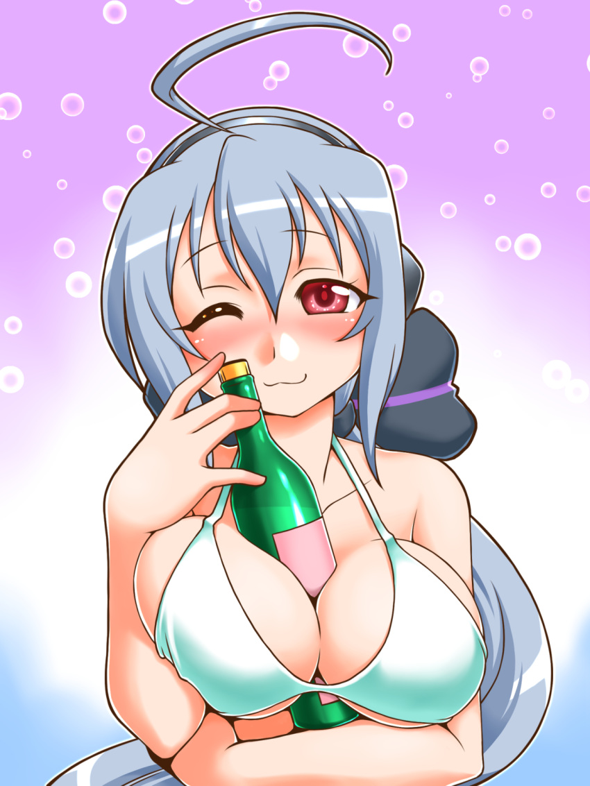 1girl ;3 ahoge between_breasts bikini blush breasts headphones highres large_breasts long_hair looking_at_viewer nishi_kita one_eye_closed ponytail red_eyes silver_hair smile solo swimsuit upper_body vocaloid voyakiloid yowane_haku