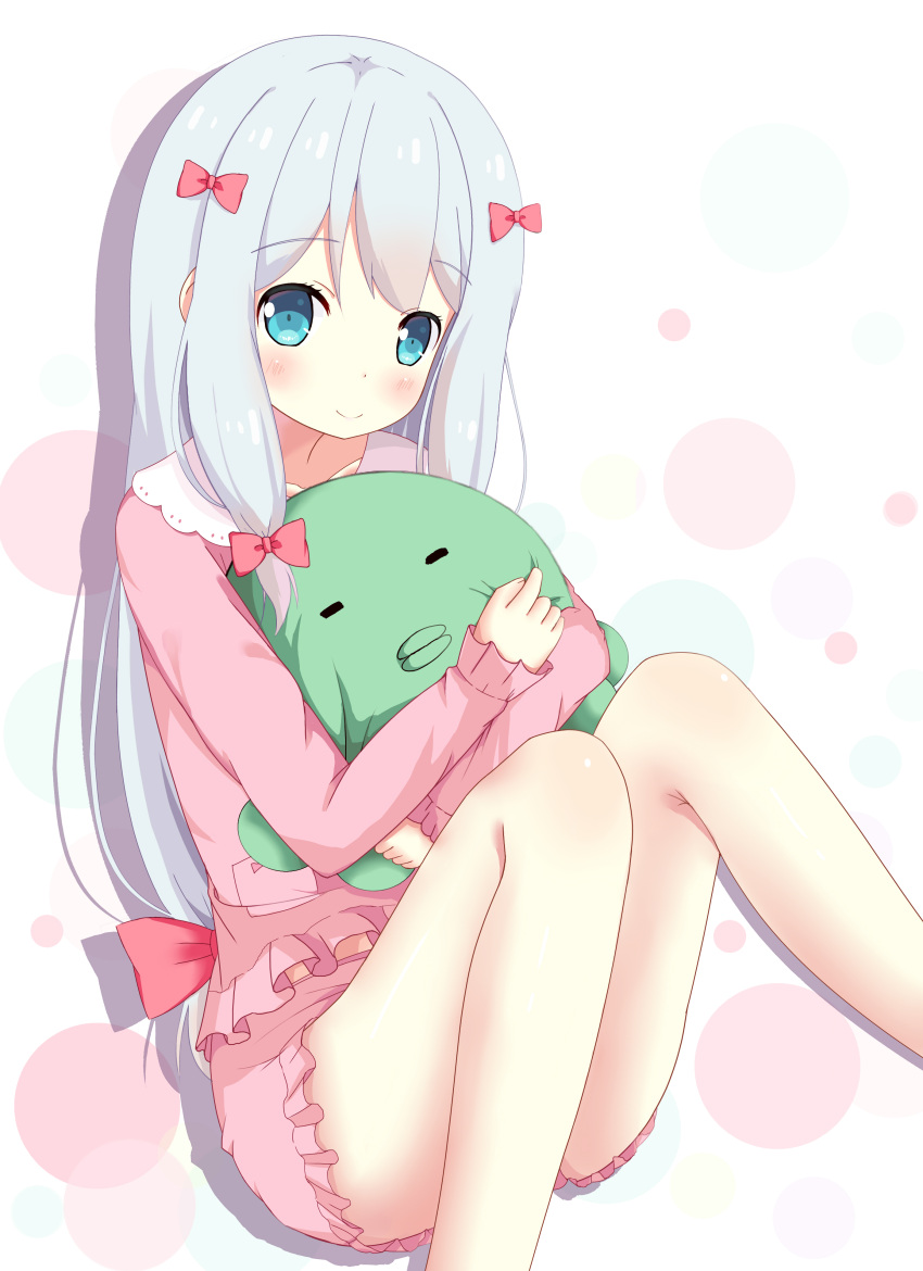 1girl absurdres bangs blue_eyes blush bow closed_mouth collarbone commentary_request eromanga_sensei eyebrows_visible_through_hair frilled_shirt frilled_shorts frills hair_bow highres izumi_sagiri long_hair long_sleeves looking_at_viewer low-tied_long_hair multicolored multicolored_polka_dots object_hug pajamas pink_bow pink_pajamas pink_shirt pink_shorts polka_dot polka_dot_background shirt shorts silver_hair simple_background sitting sleeves_past_wrists smile solo stuffed_animal stuffed_octopus stuffed_toy tareme very_long_hair white_background xiaosamiao