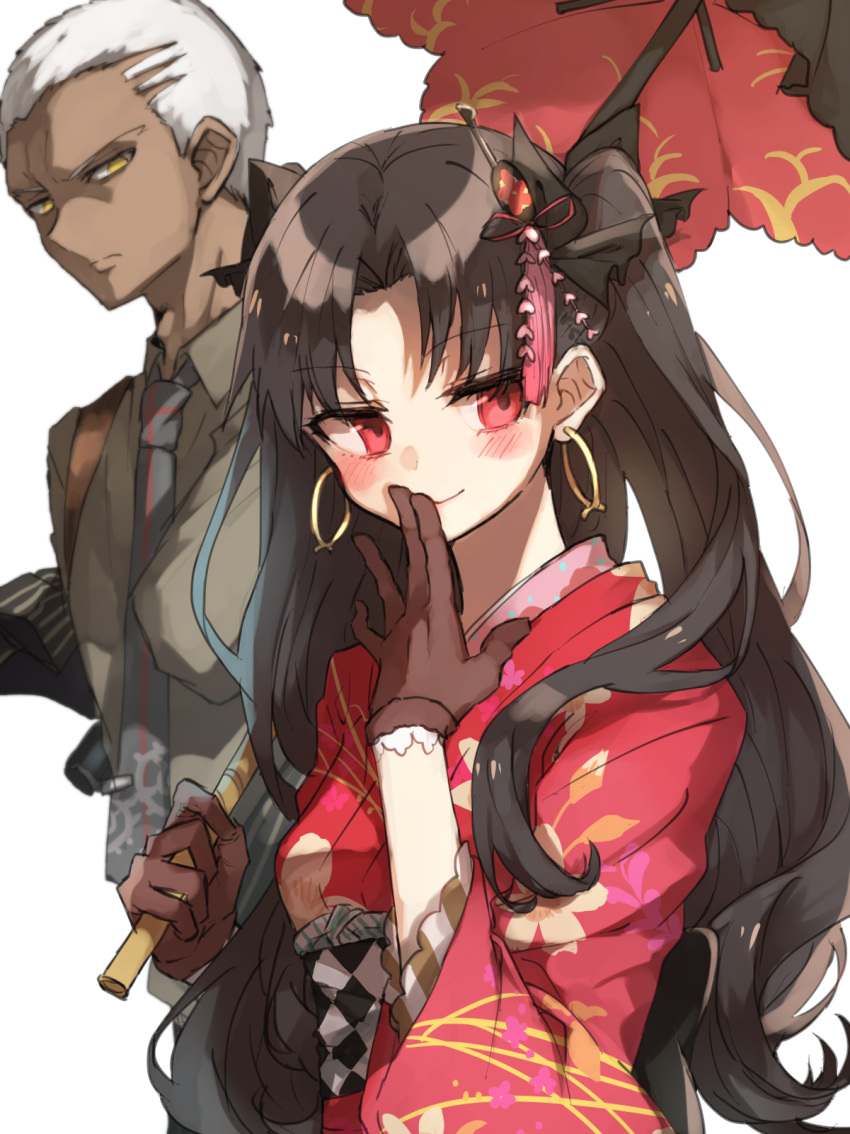 &gt;:( 1boy 1girl alternate_costume bangs black_bow blush bow brown_gloves brown_hair chibirisu closed_mouth collared_shirt dark_skin dark_skinned_male emiya_alter eyebrows_visible_through_hair fate/grand_order fate_(series) fingers_to_mouth floral_print gloves hair_bow hair_ornament highres holding holding_umbrella ishtar_(fate/grand_order) japanese_clothes kimono long_hair long_sleeves looking_at_viewer looking_away male_focus necktie parted_bangs pinstripe_pattern red_eyes red_kimono sash shirt smile smirk striped tohsaka_rin twintails two_side_up umbrella white_background white_hair wide_sleeves yellow_eyes