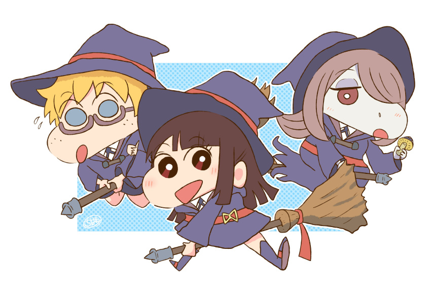 3girls absurdres artist_request blush broom character_request crayon_shin-chan freckles glasses hair_over_one_eye hat highres little_witch_academia long_hair multiple_girls open_mouth parody short_hair style_parody witch witch_hat