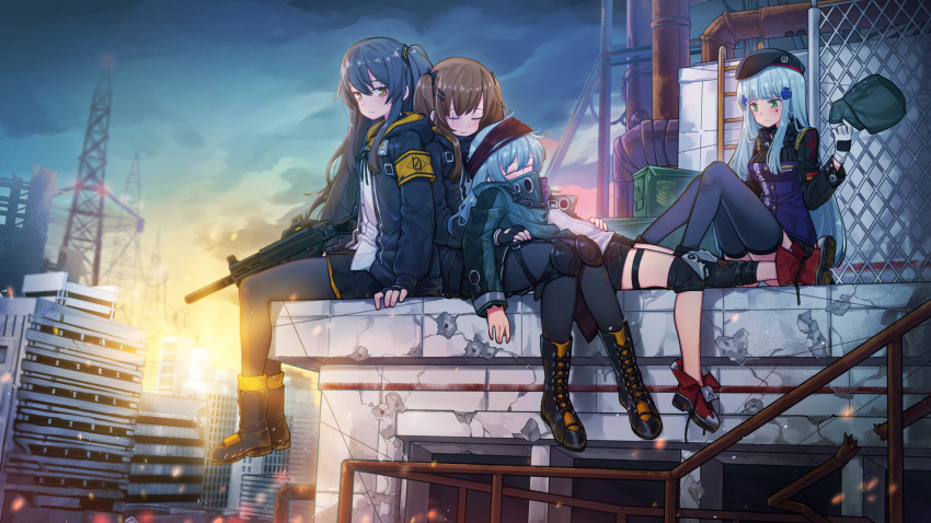 404_(girls_frontline) 4girls bangs beret black_hair blue_hair boots brown_boots brown_eyes brown_hair closed_eyes cross-laced_footwear evening eyebrows_visible_through_hair facial_mark fingerless_gloves flat_cap funako_(newggo) g11_(girls_frontline) girls_frontline gloves green_eyes gun h&amp;k_ump hat heckler_&amp;_koch highres hk416_(girls_frontline) holding holding_gun holding_hat holding_weapon knee_pads long_hair multiple_girls outdoors pantyhose scar scar_across_eye sidelocks sitting sleeping submachine_gun teardrop ump45_(girls_frontline) ump9_(girls_frontline) weapon