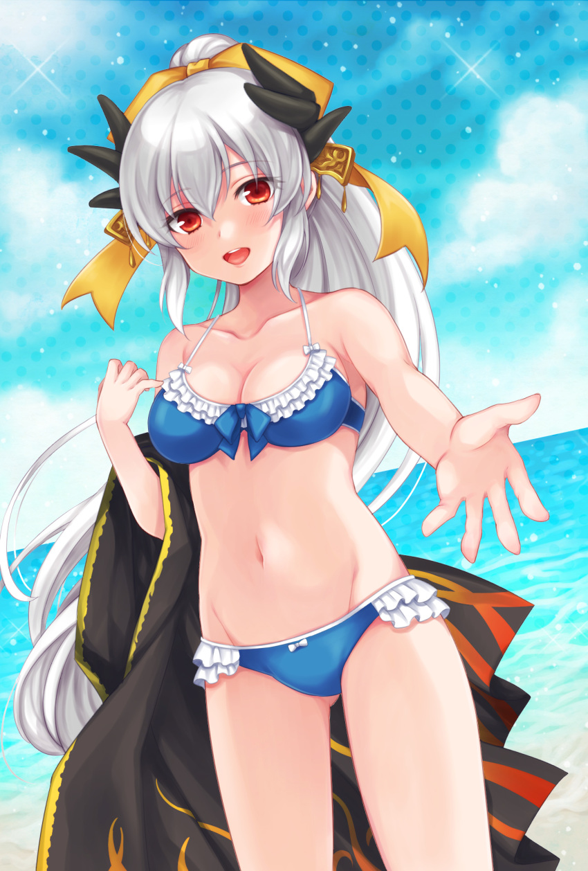 1girl bikini blue_bikini blush bow breasts cleavage fate/grand_order fate_(series) frilled_bikini frills hair_bow highres kiyohime_(fate/grand_order) kiyohime_(swimsuit_lancer)_(fate) long_hair looking_at_viewer medium_breasts midriff navel ocean open_mouth outstretched_hand pika_mouse ponytail red_eyes silver_hair solo swimsuit