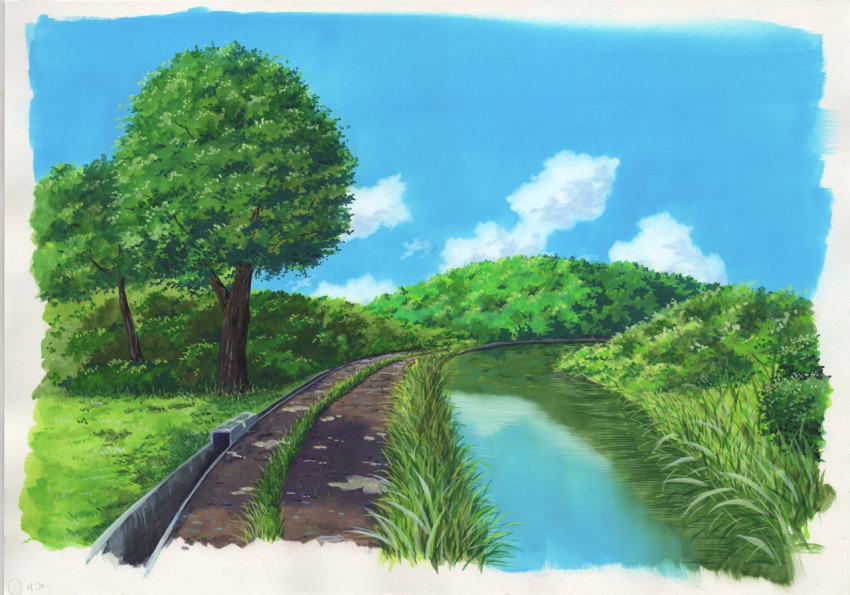 bush clouds day field grass hill no_humans outdoors reflection river sawitou_mizuki scenery tree water