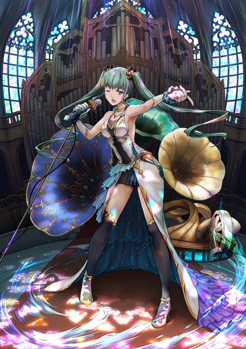 1girl ;o bare_shoulders black_legwear blue_eyes breasts dress full_body green_hair hatsune_miku highres holding holding_microphone inside instrument jewelry light_rays long_hair looking_at_viewer medium_breasts microphone microphone_stand necklace one_eye_closed organ phonograph pipe_organ pointing solo standing thigh-highs twintails vocaloid window yumemizuki