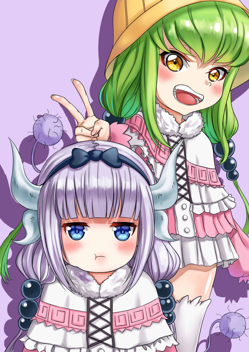 2girls :d :t absurdres bangs beads black_hairband blue_eyes blunt_bangs blush c.c. capelet child code_geass cosplay crossover dragon_horns dragon_tail dress fur_trim green_hair hair_beads hair_ornament hairband hat highres horns kanna_kamui kanna_kamui_(cosplay) kobayashi-san_chi_no_maidragon lavender_hair long_hair looking_at_viewer low_twintails microdress multiple_girls open_mouth purple_background smile tail twintails v very_long_hair white_legwear xiao_gen yellow_eyes younger