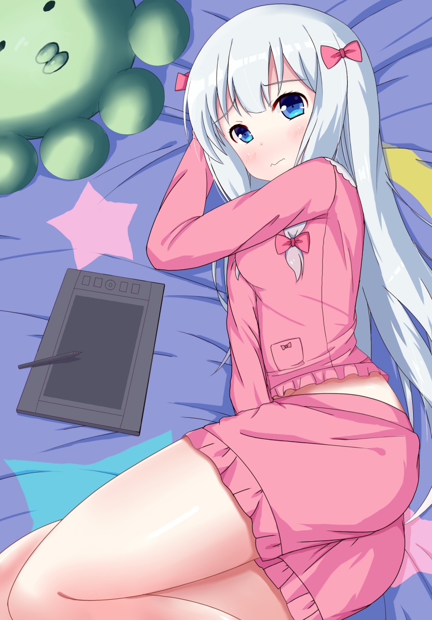 1girl absurdres bangs blanket blue_eyes bow closed_mouth crescent eromanga_sensei eyebrows_visible_through_hair frilled_shirt frilled_shorts frills from_above hair_bow highres izumi_sagiri long_hair looking_at_viewer looking_up lying on_bed on_side pajamas pink_bow pink_pajamas pink_shirt pink_shorts shirt shorts silver_hair solo star star_print stuffed_animal stuffed_octopus stuffed_toy stylus tablet tareme very_long_hair wavy_mouth xiaosamiao