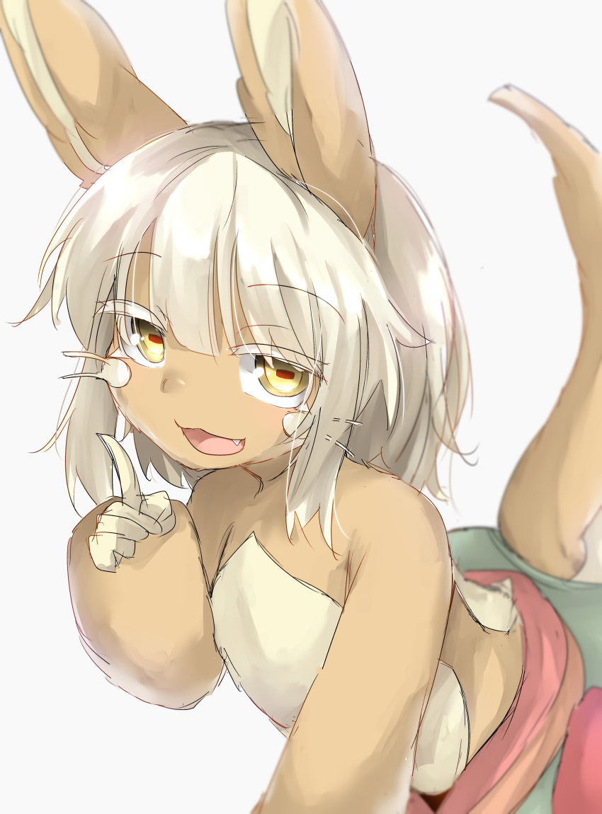 1girl :3 absurdres animal_ears blurry depth_of_field eyebrows_visible_through_hair fang fur fur_trim highres made_in_abyss nanachi_(made_in_abyss) neko_pachi sketch solo square_pupils whiskers white_background yellow_eyes