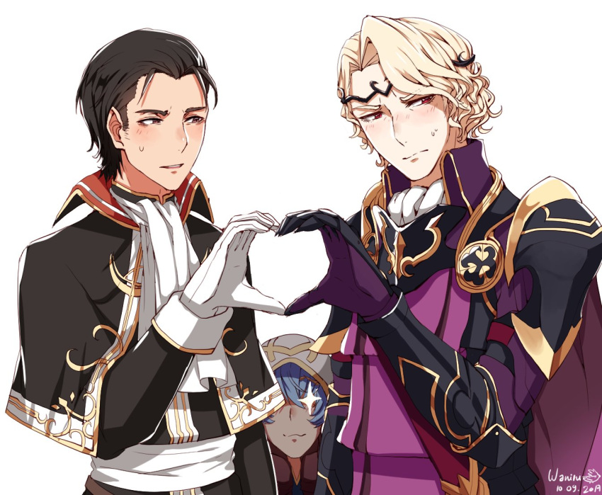 black_hair blonde_hair blue_hair cape embarrassed fire_emblem fire_emblem:_thracia_776 fire_emblem_heroes fire_emblem_if gloves heart heart_hands looking_at_viewer marks_(fire_emblem_if) reinhardt_(fire_emblem) simple_background summoner_(fire_emblem_heroes) white_background