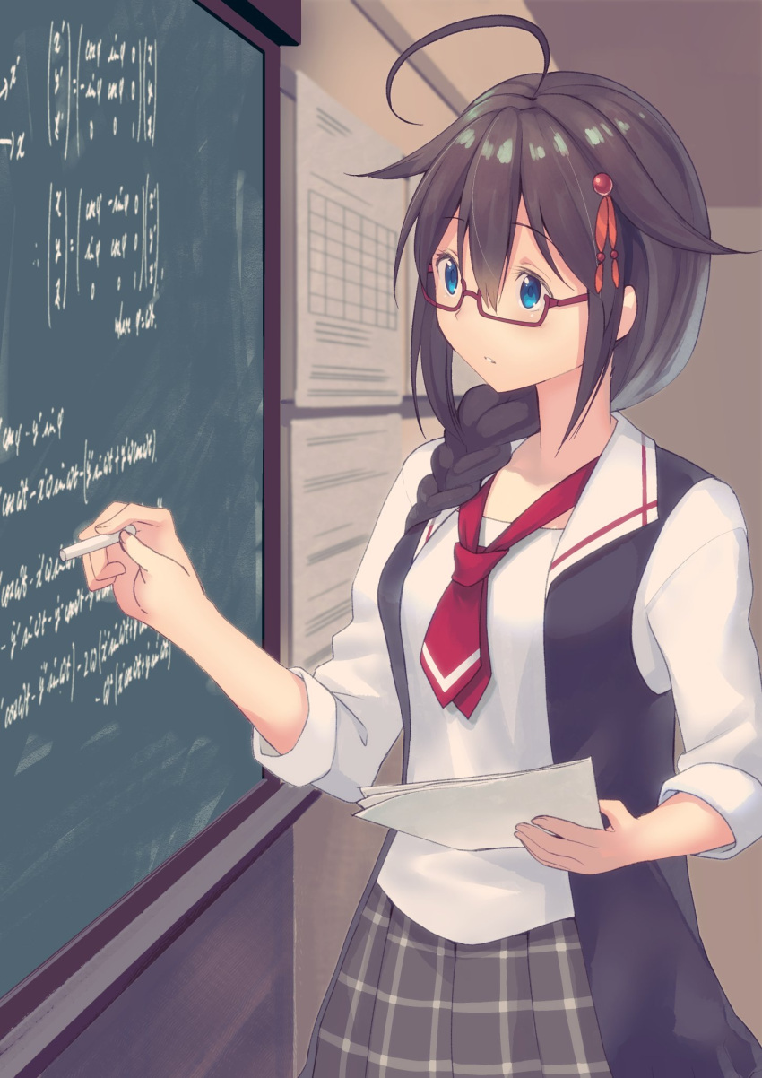 1girl ahoge bespectacled black_hair blue_eyes braid chalk chalkboard glasses hair_flaps hair_ornament hair_over_shoulder hairclip highres kantai_collection long_hair masukuza_j neckerchief red-framed_eyewear remodel_(kantai_collection) school_uniform shigure_(kantai_collection) single_braid skirt sleeves_folded_up solo