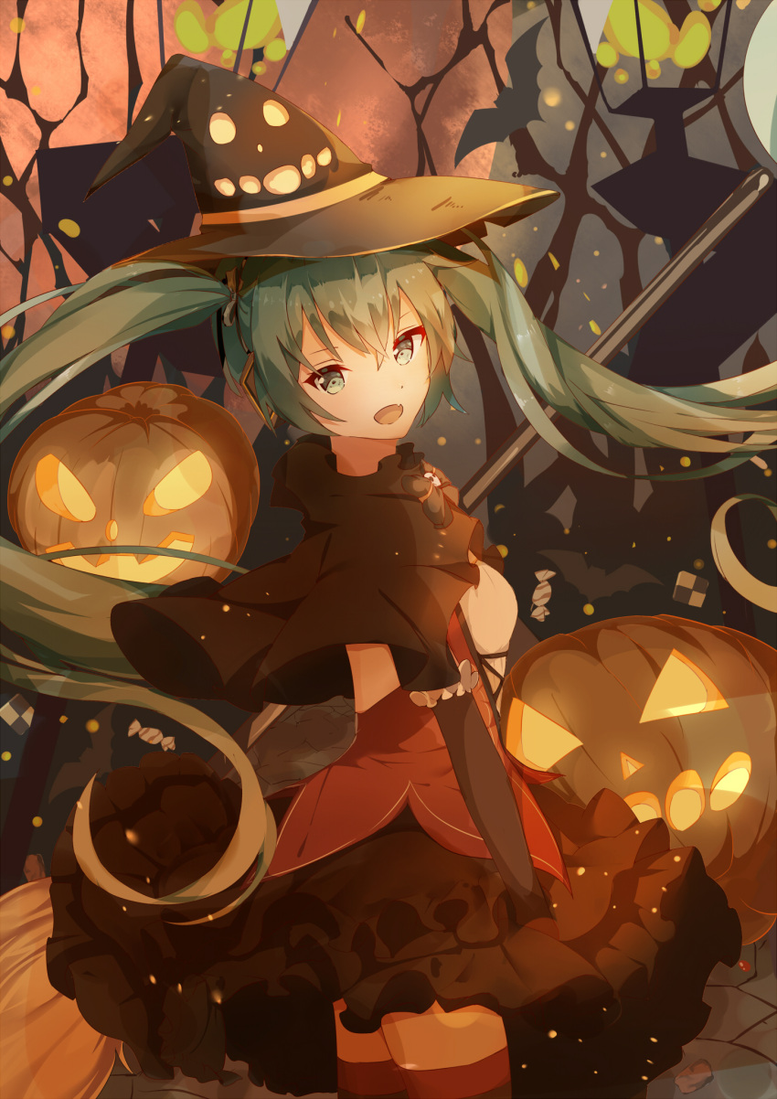 1girl black_hat black_skirt capelet cowboy_shot floating_hair from_side green_eyes green_hair hair_between_eyes halloween halloween_costume hat hatsune_miku highres layered_skirt lingyan_heiye long_hair looking_at_viewer miniskirt open_mouth pumpkin skirt solo thigh-highs twintails very_long_hair vocaloid witch_hat