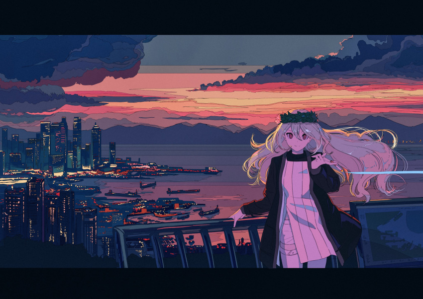 1girl bangs boat building cigarette city city_lights cityscape closed_mouth clouds cloudy_sky commentary_request dot_nose dress hair_between_eyes hand_on_railing head_wreath highres holding holding_cigarette horizon kogecha_(coge_ch) leg_between_thighs letterboxed long_hair long_sleeves mountainous_horizon ocean original railing red_eyes red_sky scenery shore silver_hair sky skyscraper smile solo standing striped striped_dress thigh-highs watercraft white_legwear