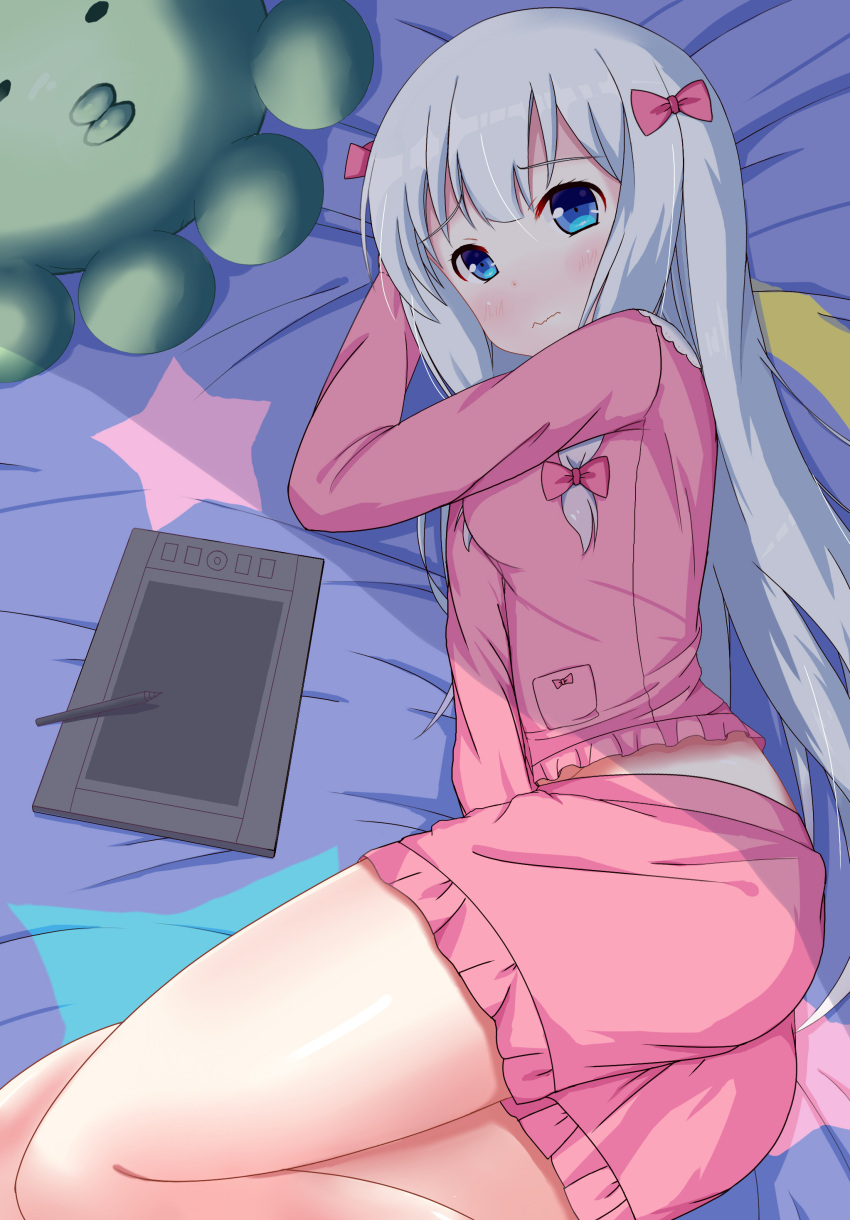 1girl absurdres bangs blanket blue_eyes bow closed_mouth commentary_request crescent eromanga_sensei eyebrows_visible_through_hair frilled_shirt frilled_shorts frills from_above hair_bow highres izumi_sagiri long_hair looking_at_viewer looking_up lying on_bed on_side pajamas pink_bow pink_pajamas pink_shirt pink_shorts shirt shorts silver_hair solo star star_print stuffed_animal stuffed_octopus stuffed_toy stylus tablet tareme very_long_hair wavy_mouth xiaosamiao