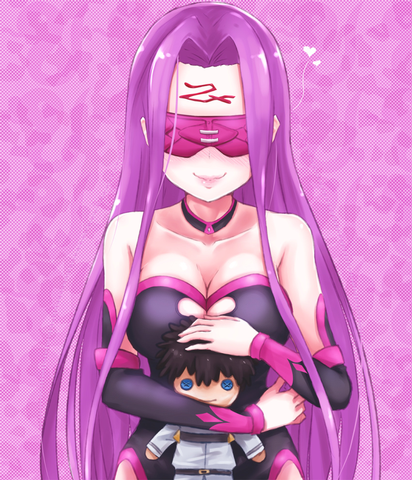 1girl bare_shoulders blindfold blush breasts character_doll choker cleavage detached_sleeves facial_mark fate/grand_order fate_(series) fmg forehead_mark fujimaru_ritsuka_(male) heart highres large_breasts long_hair purple_hair rider smile solo spoken_heart very_long_hair