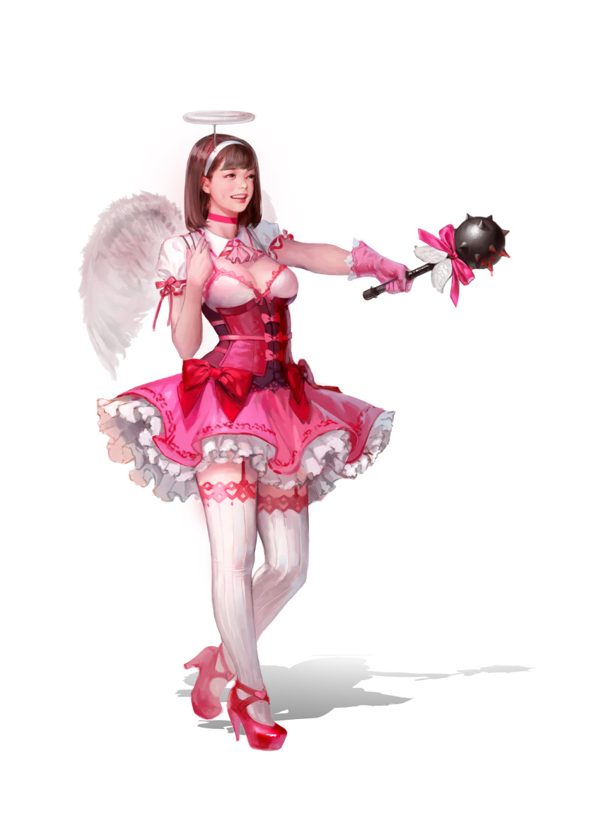 1girl absurdres angel_wings bangs blunt_bangs bow breasts brown_hair choker cleavage collar corset feathered_wings full_body garter_straps gloves hairband halo heart high_heels highres holding j._won_han lips medium_breasts original parted_lips pink_bow pink_choker pink_gloves pink_ribbon pink_shoes pink_skirt puffy_short_sleeves puffy_sleeves red_bow ribbed_legwear ribbon shadow shoes short_hair short_sleeves simple_background single_glove skirt solo standing teeth thigh-highs white_background white_hairband white_legwear white_wings wings