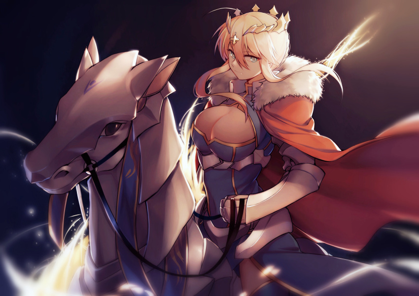 1girl absurdres armor artoria_pendragon_(all) artoria_pendragon_(lancer) bangs black_dress blonde_hair blue_eyes blurry breasts cleavage cloak closed_mouth crown depth_of_field dress eyebrows_visible_through_hair fate/grand_order fate_(series) fur_trim gauntlets highres horse horseback_riding large_breasts long_hair looking_at_viewer riding serious sidelocks solo yorukun