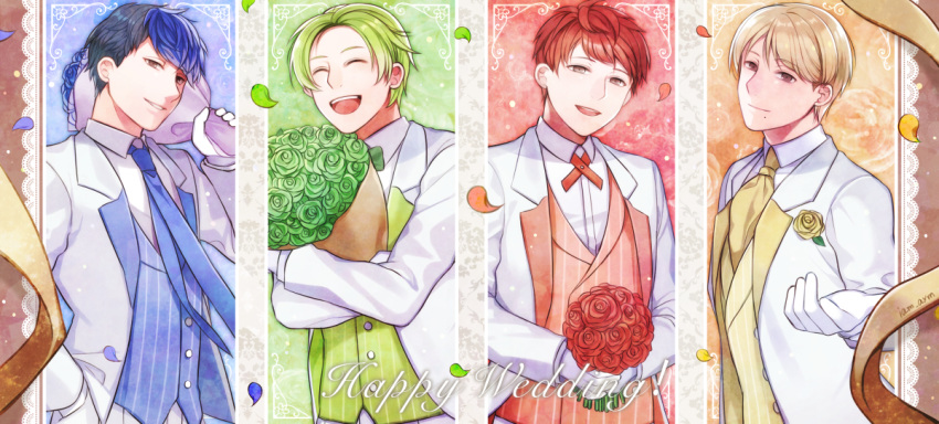 ! 4boys black_hair blonde_hair blue_hair bouquet bow bowtie brown_eyes cleive closed_eyes fire_emblem fire_emblem_echoes:_mou_hitori_no_eiyuuou flower force_(fire_emblem) formal green_hair leaf lukas_(fire_emblem) male_focus mole mole_under_mouth multicolored_hair multiple_boys necktie open_mouth paison petals redhead suit teeth two-tone_hair upper_body