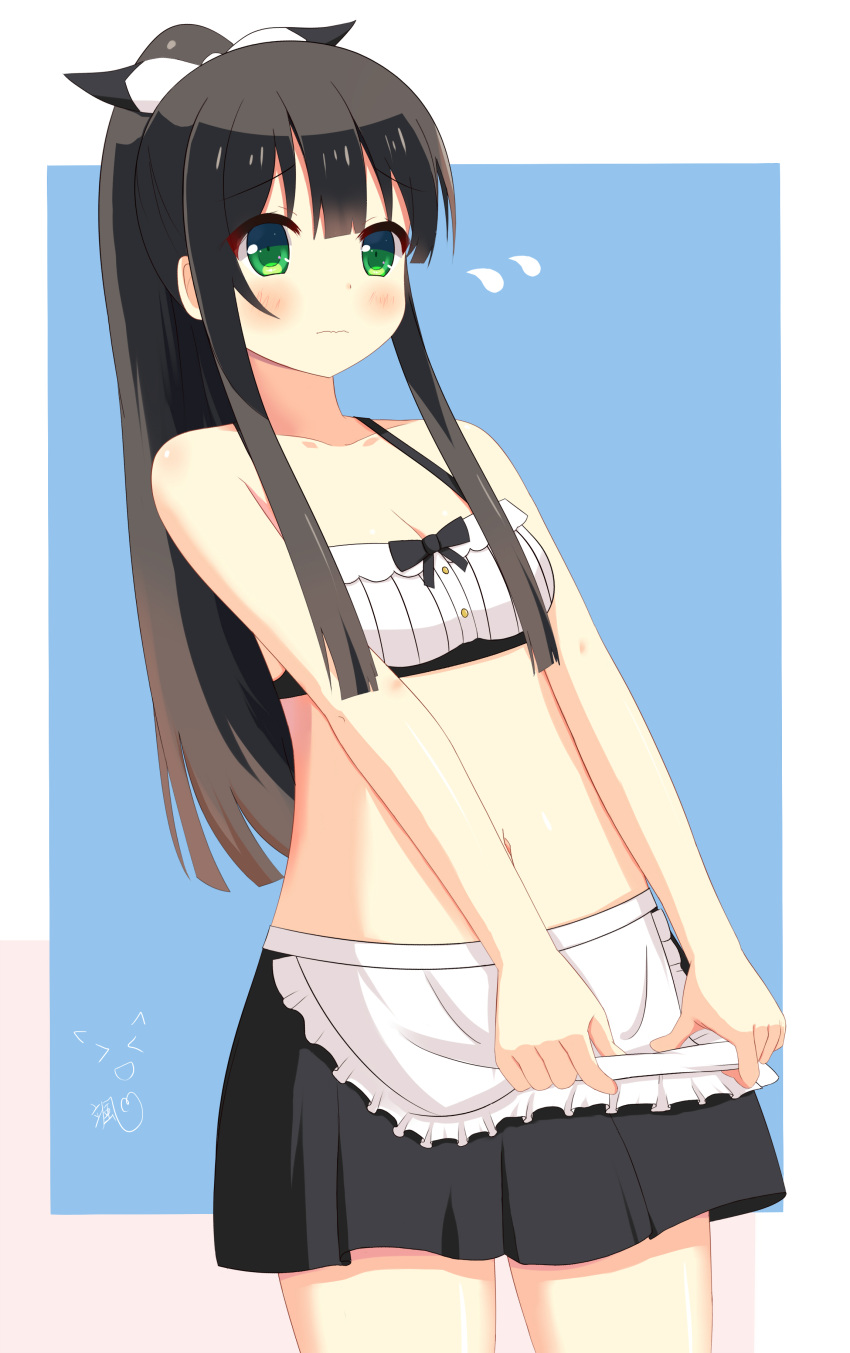 &gt;_&lt; 1girl absurdres apron apron_hold bangs bikini_skirt black_hair blue_background blunt_bangs blush bow breasts buttons cleavage closed_mouth collarbone commentary_request cowboy_shot embarrassed eyebrows_visible_through_hair flying_sweatdrops frilled_apron frills green_eyes hair_bow highres long_hair looking_at_viewer maid_bikini navel ponytail sidelocks signature small_breasts solo standing stomach swimsuit tatsumi_kon urara_meirochou waist_apron wavy_mouth white_apron white_border white_bow xiaosamiao