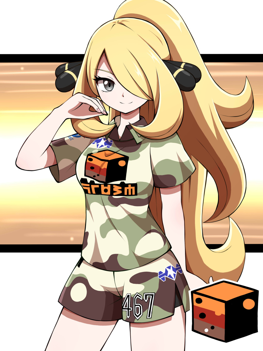 1girl absurdres alternate_costume alternate_hairstyle bangs blonde_hair breasts camouflage camouflage_shirt camouflage_shorts closed_mouth collared_shirt commentary_request cowboy_shot cynthia_(pokemon) eyelashes grey_eyes hair_ornament hair_over_one_eye hand_up highres long_hair looking_at_viewer pokemon pokemon_(game) pokemon_dppt pokemon_swsh ponytail shabana_may shirt short_sleeves shorts side_slit side_slit_shorts smile solo