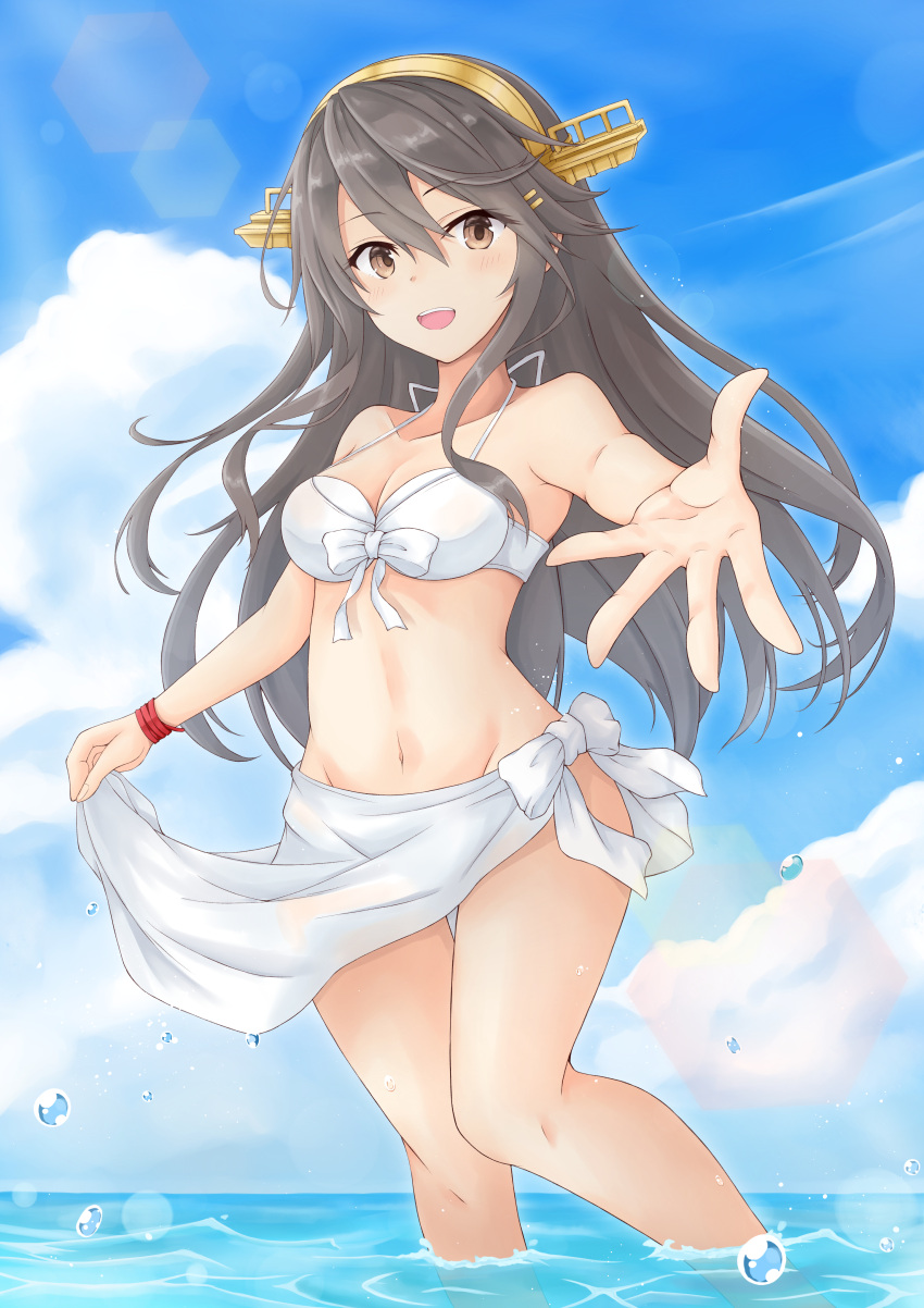 1girl absurdres bikini black_hair bracelet breasts brown_eyes clouds cowboy_shot day foreshortening gensoukitan hairband haruna_(kantai_collection) headgear highres jewelry kantai_collection long_hair looking_at_viewer medium_breasts open_mouth outdoors outstretched_hand sarong sky smile solo standing swimsuit water white_bikini