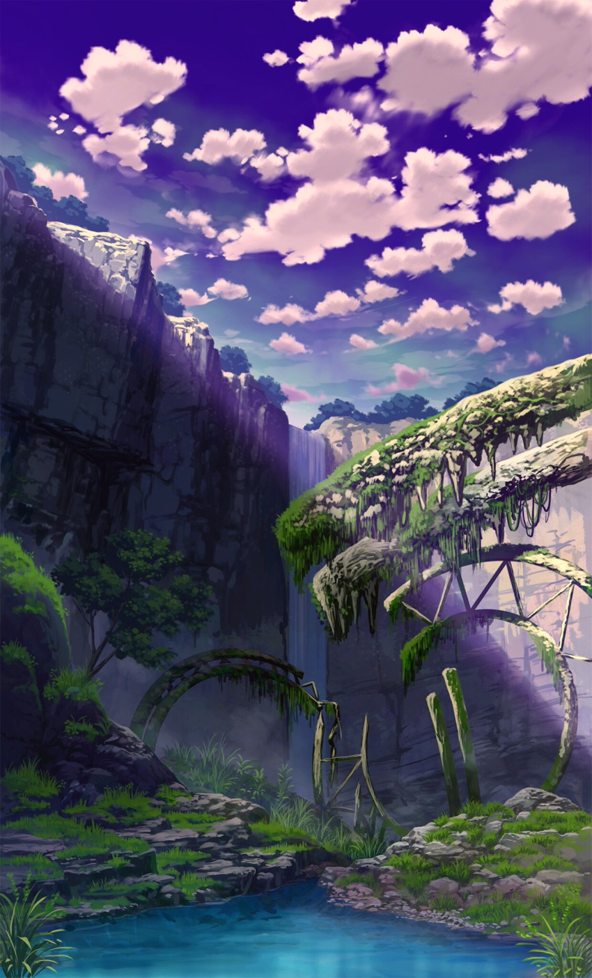 blue_sky canyon clouds cloudy_sky day grass highres mitsu_ura moss no_humans original outdoors plant river ruins scenery science_fiction shadow sky tree water waterfall