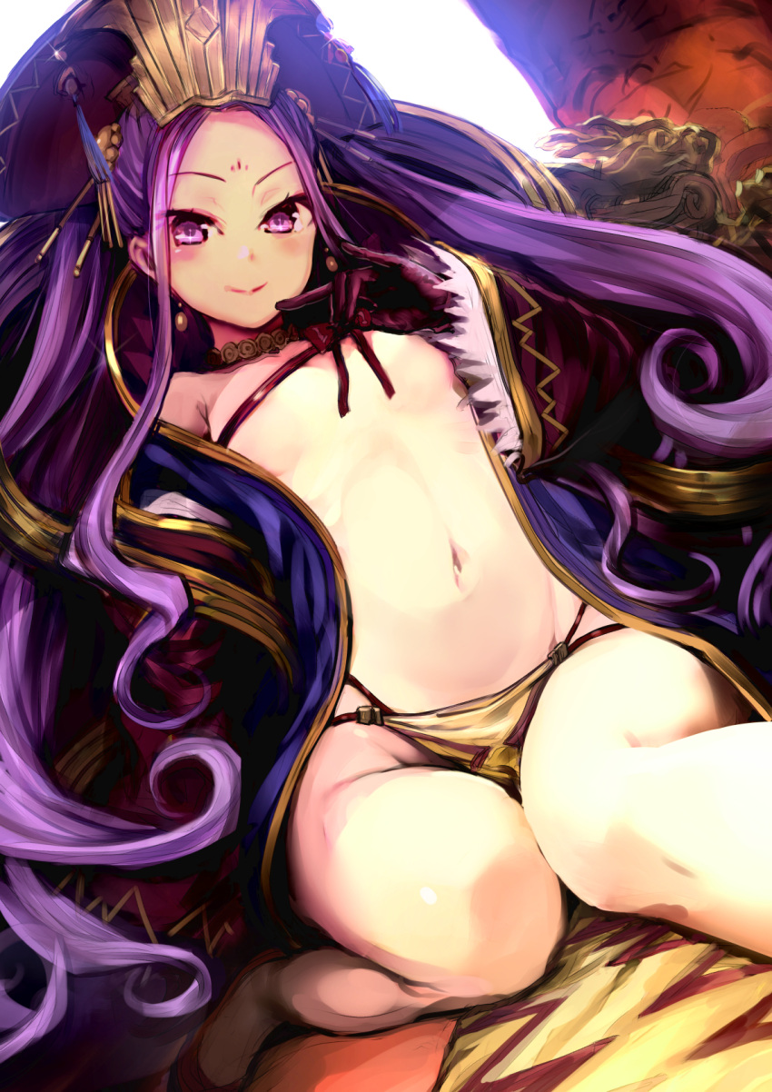 1girl akechi_shizuku breasts dutch_angle erect_nipples fate/grand_order fate_(series) forehead_mark gloves highres long_hair long_sleeves looking_at_viewer navel purple_gloves purple_hair sitting small_breasts solo wariza
