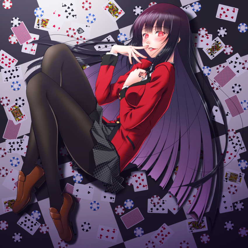 1girl bangs between_breasts black_hair black_legwear blazer blunt_bangs blush breasts card checkered checkered_floor finger_to_mouth from_above full_body glowing glowing_eyes hand_between_breasts highres hime_cut horiguchi_hiroshi jabami_yumeko jacket kakegurui long_hair looking_at_viewer medium_breasts miniskirt nail_polish on_floor pantyhose parted_lips playing_card pleated_skirt poker_chip print_skirt red_eyes red_nails school_uniform skirt smile solo thumb_ring very_long_hair