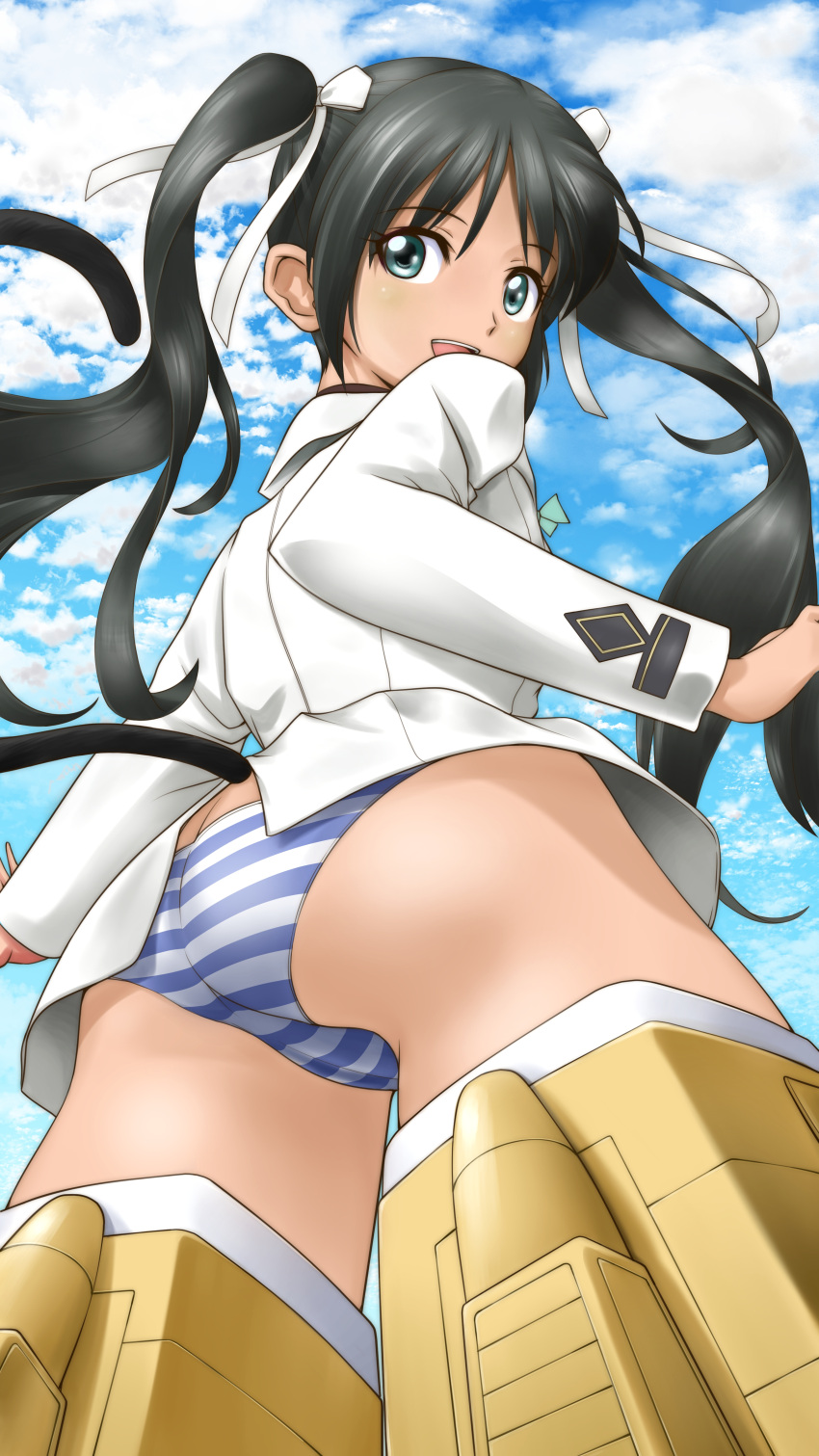 1girl absurdres aqua_eyes ass black_hair cat_tail francesca_lucchini from_below hair_ribbon highres long_hair long_sleeves looking_back memory_(prophet5) military military_uniform open_mouth panties ribbon solo strike_witches striker_unit striped striped_panties tail twintails underwear uniform world_witches_series