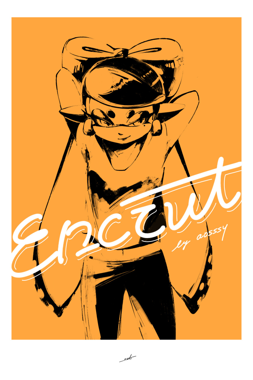 +_+ 1girl aori_(splatoon) arms_behind_head artist_name casual closed_mouth cowboy_shot domino_mask earrings food fruit highres jewelry long_hair long_sleeves looking_at_viewer mask mole mole_under_eye orange pants pointy_ears seto_(asils) shirt signature smirk solo splatoon standing t-shirt tentacle_hair