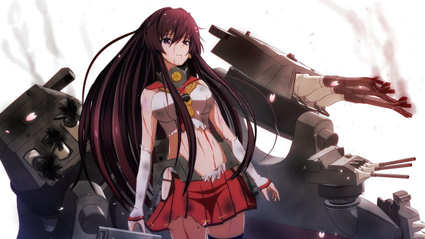 1girl bleeding blood blood_from_mouth breasts brown_hair burnt_clothes cherry_blossoms commentary_request damaged detached_sleeves hair_between_eyes hair_down hip_vent injury kantai_collection large_breasts long_hair petals pleated_skirt ponpu-chou red_skirt rigging single_thighhigh skirt smoke solo thigh-highs torn_clothes turret upper_body very_long_hair yamato_(kantai_collection)