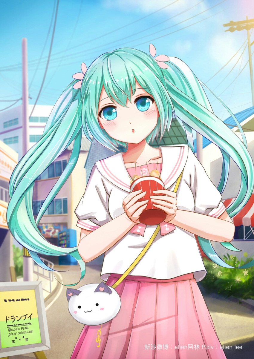 1girl absurdly_long_hair alien_(15307703) artist_name bag blue_eyes blue_hair blush collarbone eyebrows_visible_through_hair handbag hatsune_miku highres long_hair looking_at_viewer parted_lips pink_skirt pixiv_username skirt solo twintails very_long_hair vocaloid