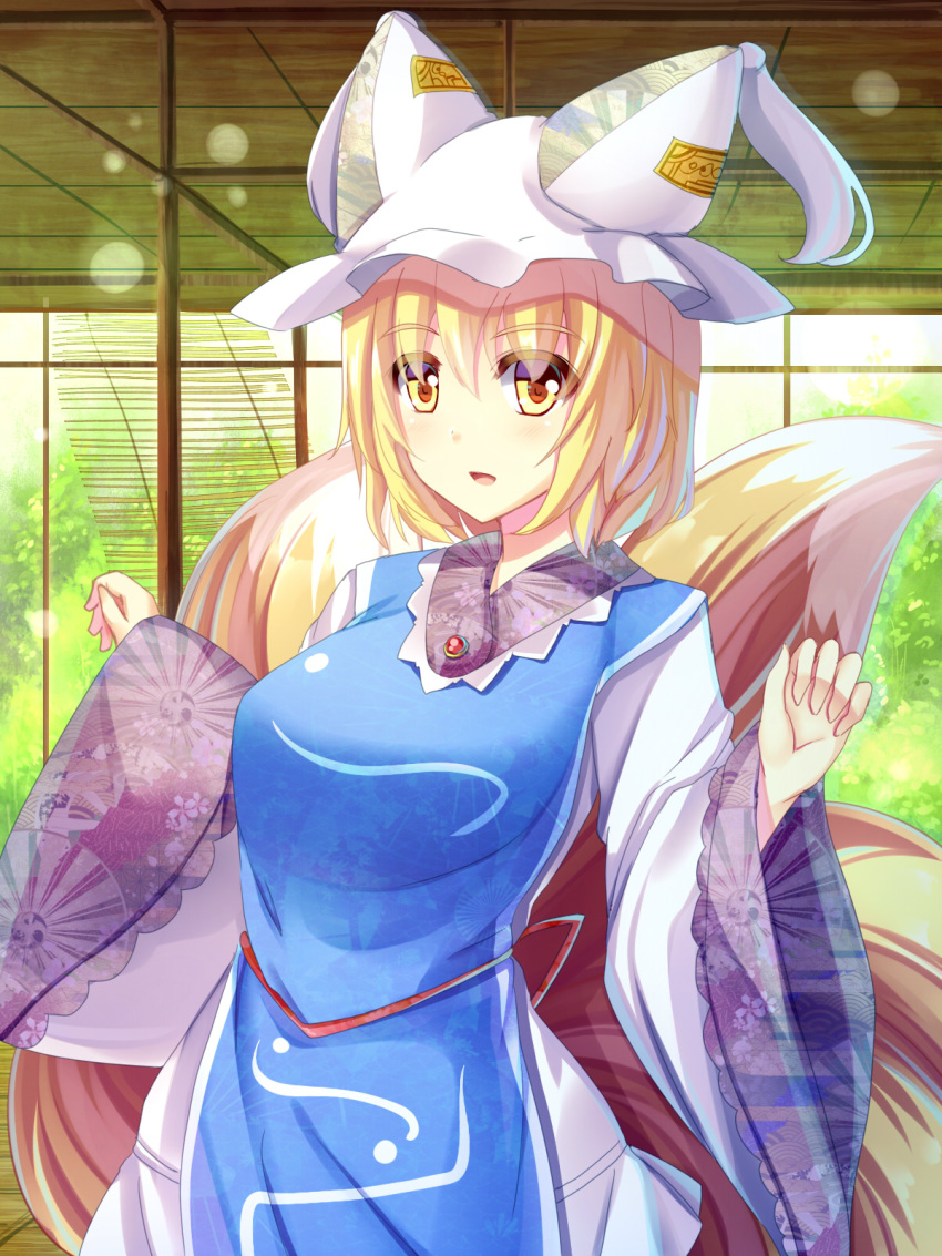 1girl blinds blonde_hair breasts brooch ceiling cowboy_shot curled_fingers day dress eyebrows_visible_through_hair fox_tail hands_up hat hat_with_ears highres indoors jewelry light_particles liya long_sleeves looking_at_viewer multiple_tails ofuda open_mouth short_hair solo tabard tail tassel tatami touhou unmoving_pattern white_dress wide_sleeves window yakumo_ran yellow_eyes