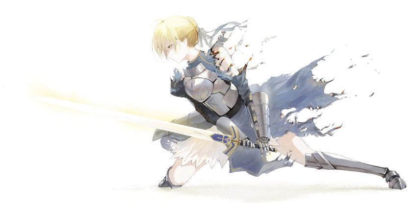 1girl armor armored_boots artoria_pendragon_(all) blonde_hair blue_dress blue_ribbon boots dress excalibur fate/stay_night fate_(series) from_side full_body hair_between_eyes hair_ribbon highres holding holding_sword holding_weapon muike one_knee ribbon saber short_hair simple_background solo sword torn_clothes torn_dress weapon white_background