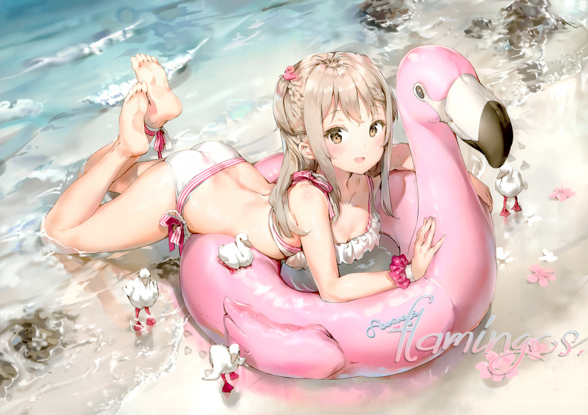 1girl :d absurdres ankle_ribbon anmi arched_back ass bare_legs barefoot beach bikini bird blush braid breasts brown_eyes cleavage flamingo highres huge_filesize innertube light_brown_hair long_hair looking_at_viewer lying on_stomach open_mouth original ribbon sand scan seagull sidelocks small_breasts smile soles solo swimsuit two_side_up water white_bikini wrist_cuffs
