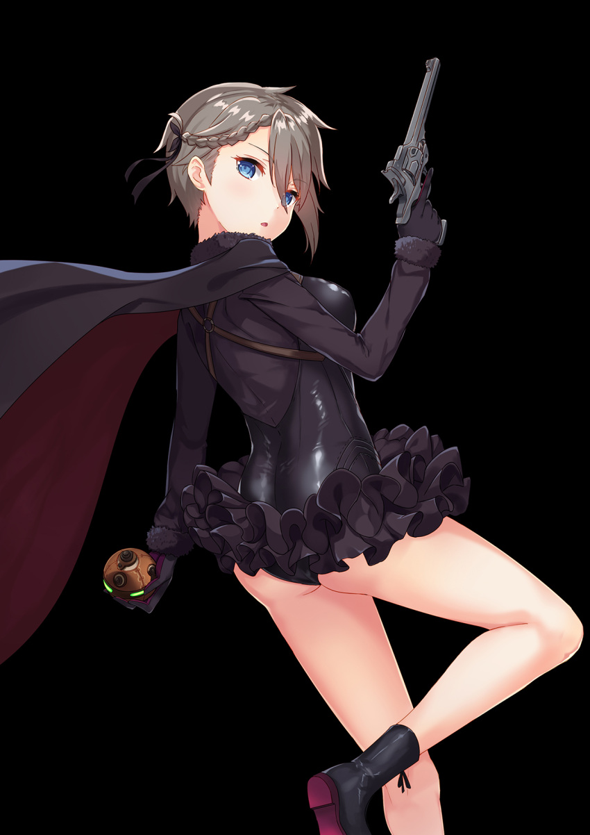 1girl ange_(princess_principal) ass black_background black_boots black_cape black_gloves blue_eyes boots braid breasts brown_hair cape cavorite_ball dance_of_eternity eyebrows_visible_through_hair from_side fur_collar gloves gun hair_between_eyes handgun highres holding holding_gun holding_weapon medium_breasts parted_lips princess_principal revolver simple_background solo trigger_discipline weapon