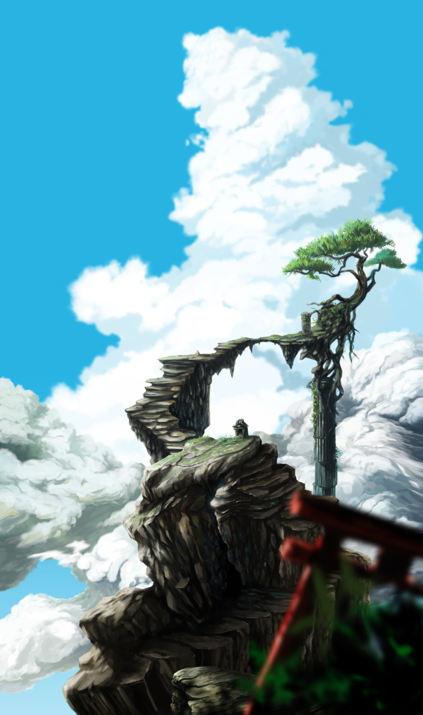 blue_sky blurry bridge clouds cloudy_sky column day depth_of_field fantasy grass highres leaf mountaintop no_humans nurie_(siniariot) original outdoors pillar roots ruins scenery shrine sky stairs torii tree