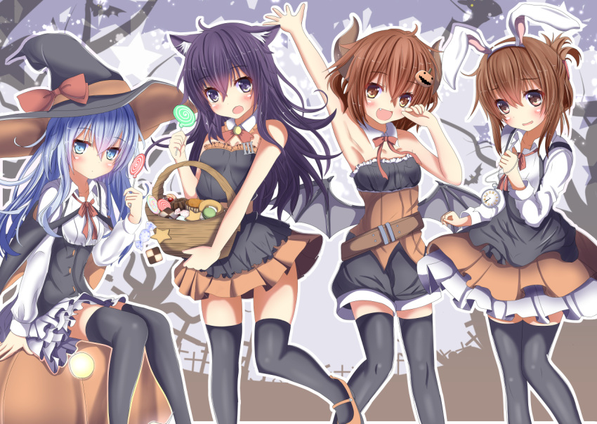 4girls :d akatsuki_(kantai_collection) animal_ears arm_up aruka_(alka_p1) black_hair black_hat black_legwear black_shirt black_shorts blue_eyes blue_hair blush bow breasts brown_eyes brown_hair candy cat_ears choker clock demon_wings embarrassed eyebrows_visible_through_hair fang food hair_between_eyes hairband halloween halloween_costume hat hat_bow hibiki_(kantai_collection) holding horns ikazuchi_(kantai_collection) inazuma_(kantai_collection) kantai_collection layered_skirt long_hair looking_at_viewer miniskirt multiple_girls neck_ribbon open_mouth orange_skirt pleated_skirt rabbit_ears red_bow red_ribbon ribbon shirt short_hair short_hair_with_long_locks short_shorts shorts sidelocks sitting skirt small_breasts smile standing strapless thigh-highs verniy_(kantai_collection) white_hairband white_skirt wings witch_hat zettai_ryouiki