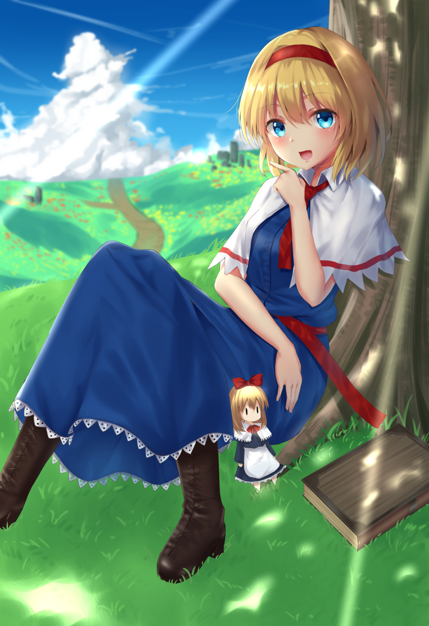 2girls absurdres alice_margatroid blonde_hair blue_eyes blush book boots bow brown_boots clouds day eyebrows_visible_through_hair hair_bow hairband high_heel_boots high_heels highres knee_boots looking_at_viewer multiple_girls open_mouth outdoors phano_(125042) pointing red_bow shanghai_doll short_hair sitting smile touhou tree tree_shade
