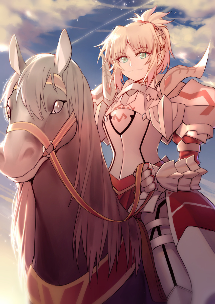 1girl absurdres armor bangs blonde_hair blue_sky closed_mouth clouds cloudy_sky day eyebrows_visible_through_hair fate/apocrypha fate_(series) gauntlets green_eyes highres horse horseback_riding outdoors parted_bangs riding saber_of_red sidelocks sky smile solo yorukun