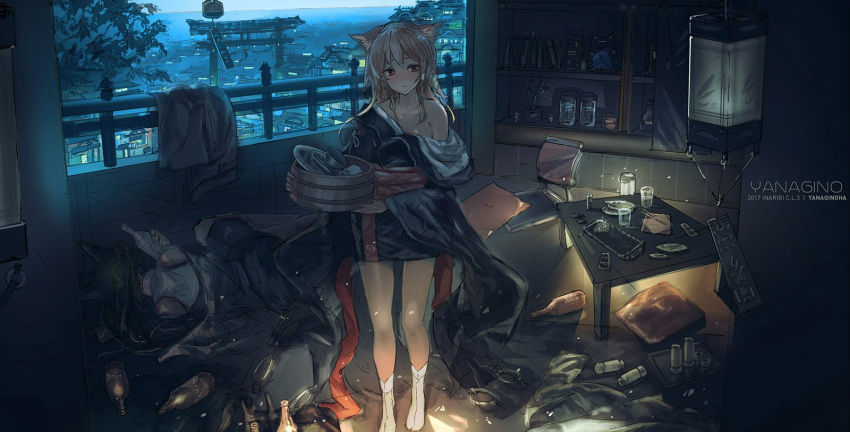 2girls animal_ears balcony blonde_hair blush book bottle city clock closed_mouth commentary cup dated dot_nose facing_away fox_ears fox_girl glass green_hair highres holding holding_basket holding_bottle inabi indoors japanese_clothes lamp lantern long_hair looking_to_the_side lying messy_room multiple_girls night no_shoes off_shoulder on_side plate red_eyes shelf signature sleeping socks standing table torii walking