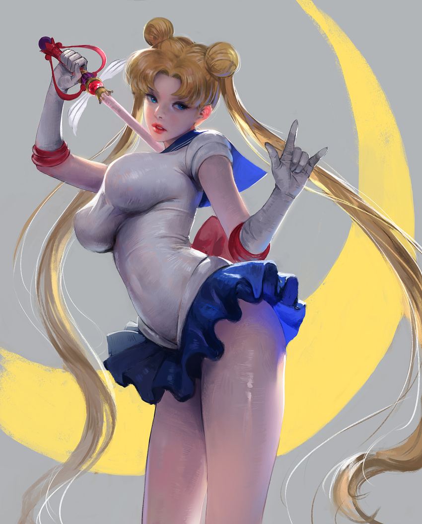 1girl absurdres bangs bishoujo_senshi_sailor_moon blonde_hair blue_eyes blue_sailor_collar blue_skirt crescent double_bun gloves hand_up highres holding holding_weapon j._won_han long_hair looking_to_the_side parted_bangs parted_lips sailor_moon shirt skirt solo standing tight_shirt tsukino_usagi very_long_hair weapon white_gloves white_shirt